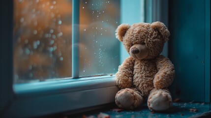 Warm and cozy teddy bear by a snowy window evoking nostalgia