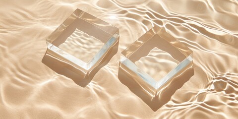 Two empty glass square podiums on beige/sand transparent water background. Soft light. Cosmetic mock up, product presentation, space for text. AI generated image. 