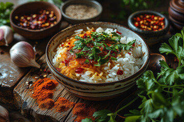 Rice with fried garlic and coriander and chilli in small ceramic bowl on wooden table.