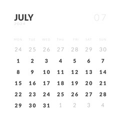 Template design of Monthly Calendar on July 2024. Vector layout minimal calendar in Square shape with week start Monday.