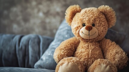 Cuddly teddy bear with friendly expression, sitting comfortably and inviting hug.