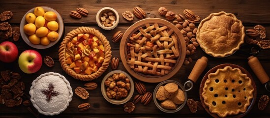 Assorted homemade pies and apples on the table