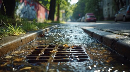 Functional water drain system along street, efficiently managing rainwater.