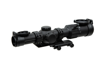 Modern sniper scope on a white back. Optical device for aiming and shooting at long distances.
