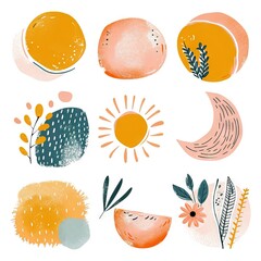 Abstract small simple icon clipart set of blush geometric shapes with bold strokes. Soft wash and minimalist detail. Organic charming, rhythmic bold block doodle print. Great as poster decoration.