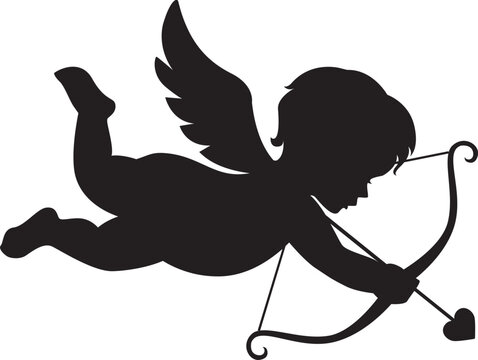 cupid with bow and arrow silhouette black color, vector illustration on transparent background