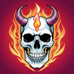Skull head has horns with fire effect for t-shirt, tattoo, poster. Graphic design ready to print. Easy to edit and remove background.