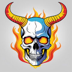 Skull head has horns with fire effect for t-shirt, tattoo, poster. Graphic design ready to print. Easy to edit and remove background.