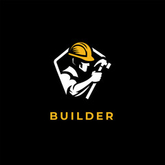 Logo of a man use safety helmet with hammer in black isolated background