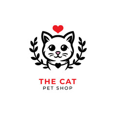 Cat logo with leaves in cute and simple style for pet shop