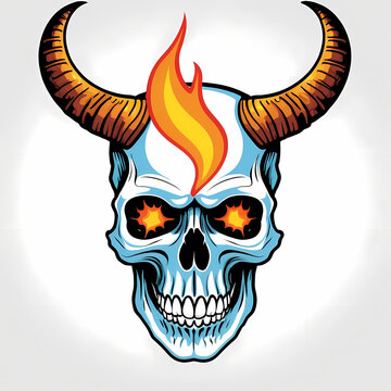 Skull head has horns with fire effect for t-shirt, tattoo, poster. Graphic design ready to print. Easy to edit and remove background.