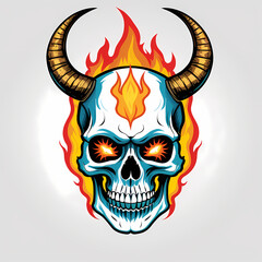 Skull head has horns with fire effect for t-shirt, tattoo, poster. Graphic design ready to print. Easy to edit and remove background.