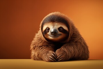 A sloth is perched on a table, its anthropomorphic features evident.
