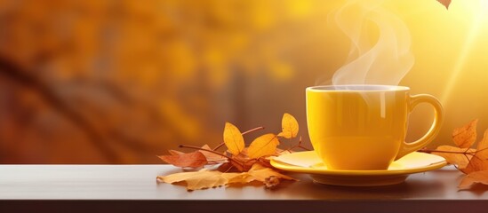 Naklejka na ściany i meble Autumn-themed yellow mug with hot beverage and greeting.
