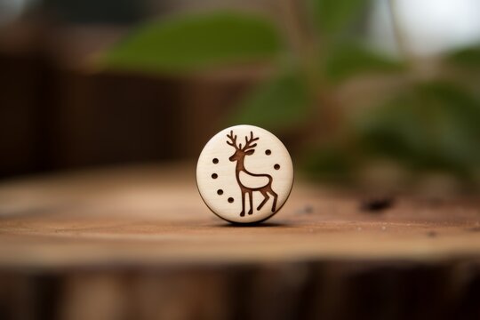 A miniature button features a deer, adding a touch of nature to the wooden surface.