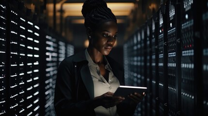 Female IT Specialist Uses Tablet in a server room, black system engineer woman analyzes data. Generative ai - obrazy, fototapety, plakaty