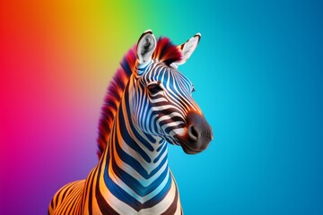 A zebra stands against a rainbow-colored background, its stripes adding to the spectrum.