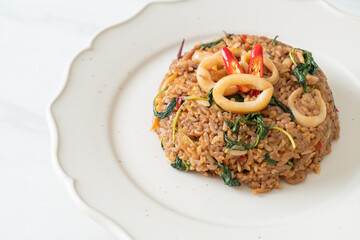 fried rice with squid and basil in Thai style