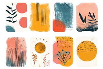 Abstract small simple icon clipart set of blush geometric shapes with bold strokes. Soft wash and minimalist detail. Organic charming, rhythmic bold block doodle print. Great as poster decoration.