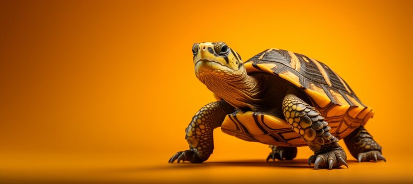 A tortoise stands out against a vibrant orange background.