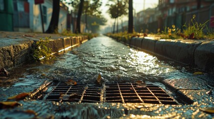 Functional water drain system along street, efficiently managing rainwater. - obrazy, fototapety, plakaty