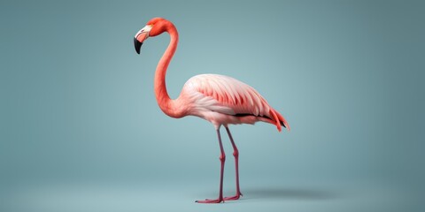 A pink flamingo stands against a blue background, adding to the collection of animal illustrations. - obrazy, fototapety, plakaty
