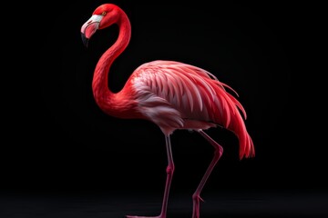 A pink flamingo stands out against a black background, its form part of a digital art animal photo. - obrazy, fototapety, plakaty