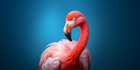 A flamingo, its vibrant red color contrasting with the blue background, is part of a digital art animal photo. - obrazy, fototapety, plakaty