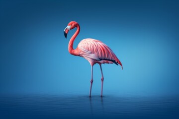 A flamingo stands in the middle of a body of water, its presence adding to the collection of animal illustrations. - obrazy, fototapety, plakaty