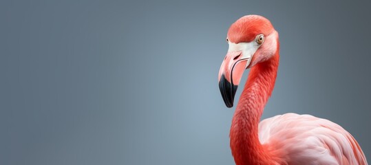 A flamingo, its dull pink color contrasting with the gray background, stands among other flamingos. - obrazy, fototapety, plakaty