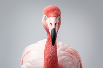 A pink flamingo stands out against a gray background. - obrazy, fototapety, plakaty