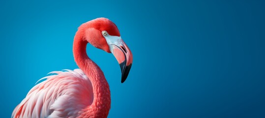 A flamingo stands out against a blue background, its presence adding to the collection of flamingos. - obrazy, fototapety, plakaty