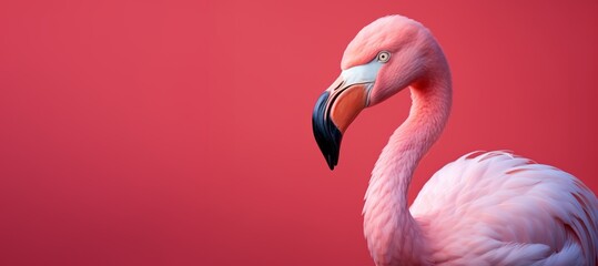 A pink flamingo stands against a red background, its color blending with the pink gradient. - obrazy, fototapety, plakaty