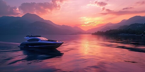 Luxury yacht sailing on a serene lake at sunset with mountains in the backdrop created with Generative AI Technology - obrazy, fototapety, plakaty