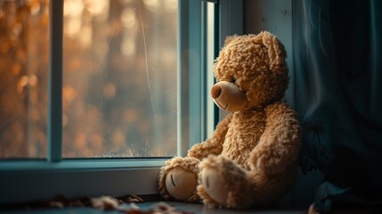 Warm and cozy teddy bear by a snowy window evoking nostalgia