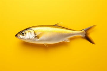 Fototapeta premium Bright yellow fish, their golden exoskeletons gleaming, stand out against a yellow background.