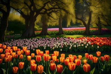 Immerse yourself in the enchanting beauty of Tulip spring flowers blooming in a nature field garden. Witness the super realistic details under