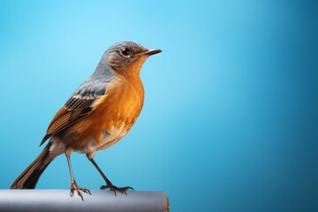 Fototapeta premium A small, colorful bird with a long tail sits on a metal pipe, amidst insects and birds.