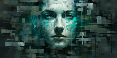 A digital painting presents the face of a beautiful female neuromancer.