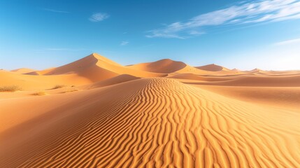 Fototapeta na wymiar Sweeping sandy dunes under clear blue sky, embodying the vastness of the desert.