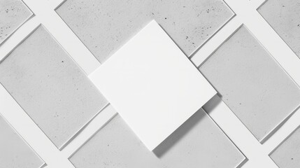 One empty white horizontal rectangle card with soft shadows, on neutral grey background, in architectural minimalist style. Flat lay, top view. AI generated digital design. 
