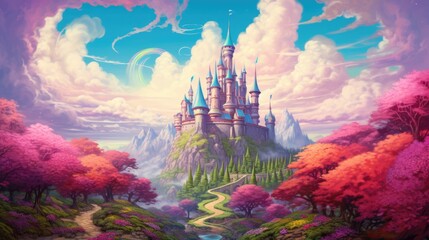 Fantasy castle amidst blooming pink trees under vibrant sky. Fantasy landscape and architecture.