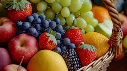 Naklejka na ściany i meble Basket of assorted fresh fruits brimming with vibrant colors.
