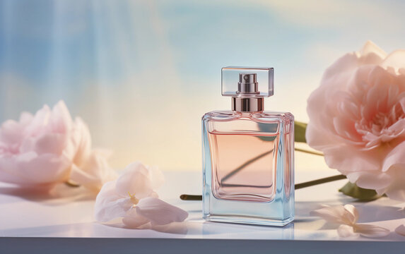 Bottle of perfume and flowers. Perfume bottle positioned beside a fresh flowers, creating an image that combines elegance with a sense of guidance