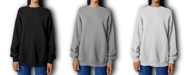 Mockup of a white, black, grey sweatshirt  on a girl, a set of fashion clothes canvas  isolated on...