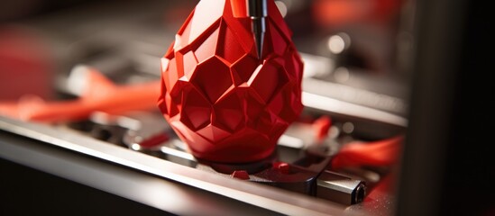 3D printer creating a red polygonal egg in close-up