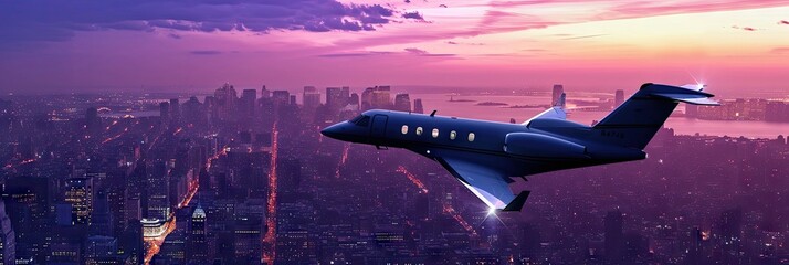 Small private jet flying above a bustling metropolitan cityscape at dusk created with Generative AI Technology - obrazy, fototapety, plakaty