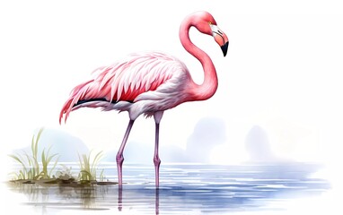 Pink Flamingo standing by the lake, in watercolor style, white background. generative ai