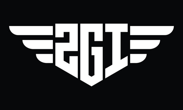 ZGI three letter logo, creative wings shape logo design vector template. letter mark, word mark, monogram symbol on black & white.	