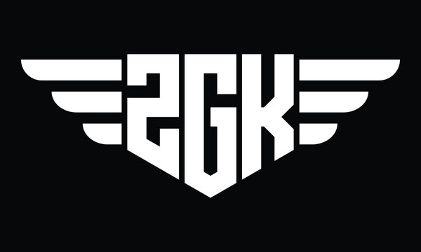 ZGK three letter logo, creative wings shape logo design vector template. letter mark, word mark, monogram symbol on black & white.	